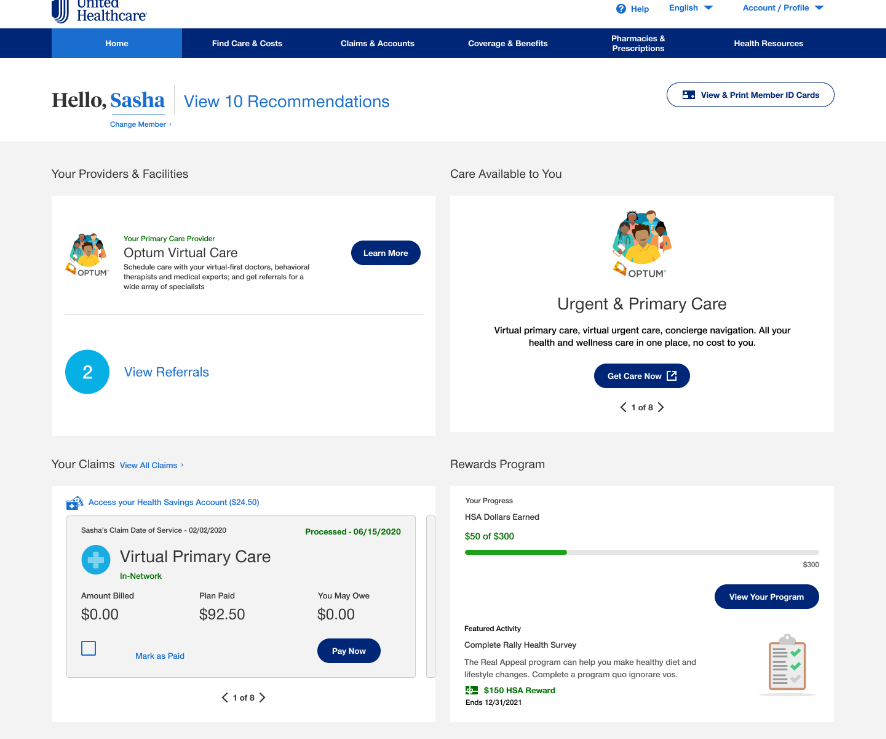 UnitedHealth product UI