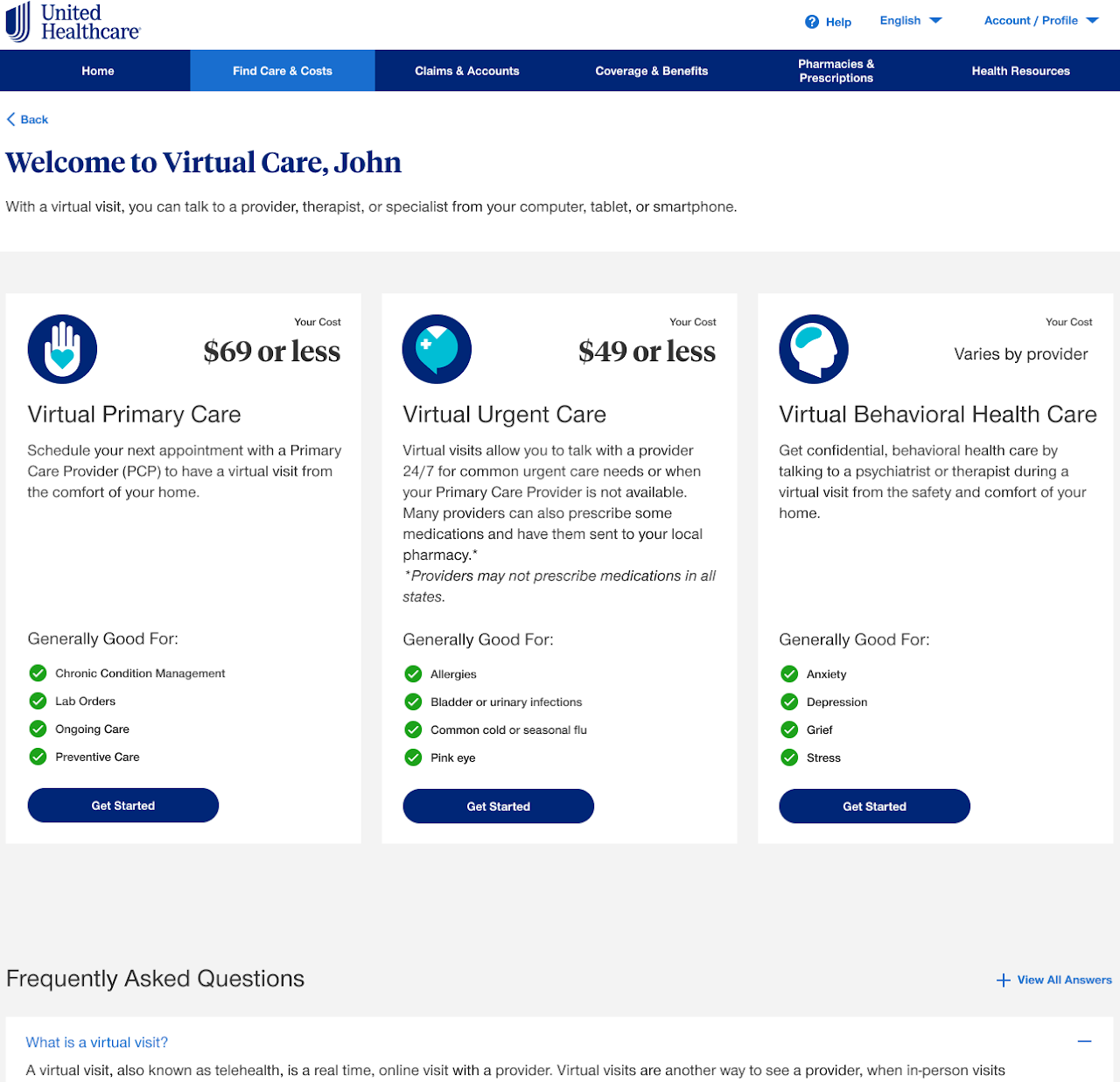UnitedHealth product UI